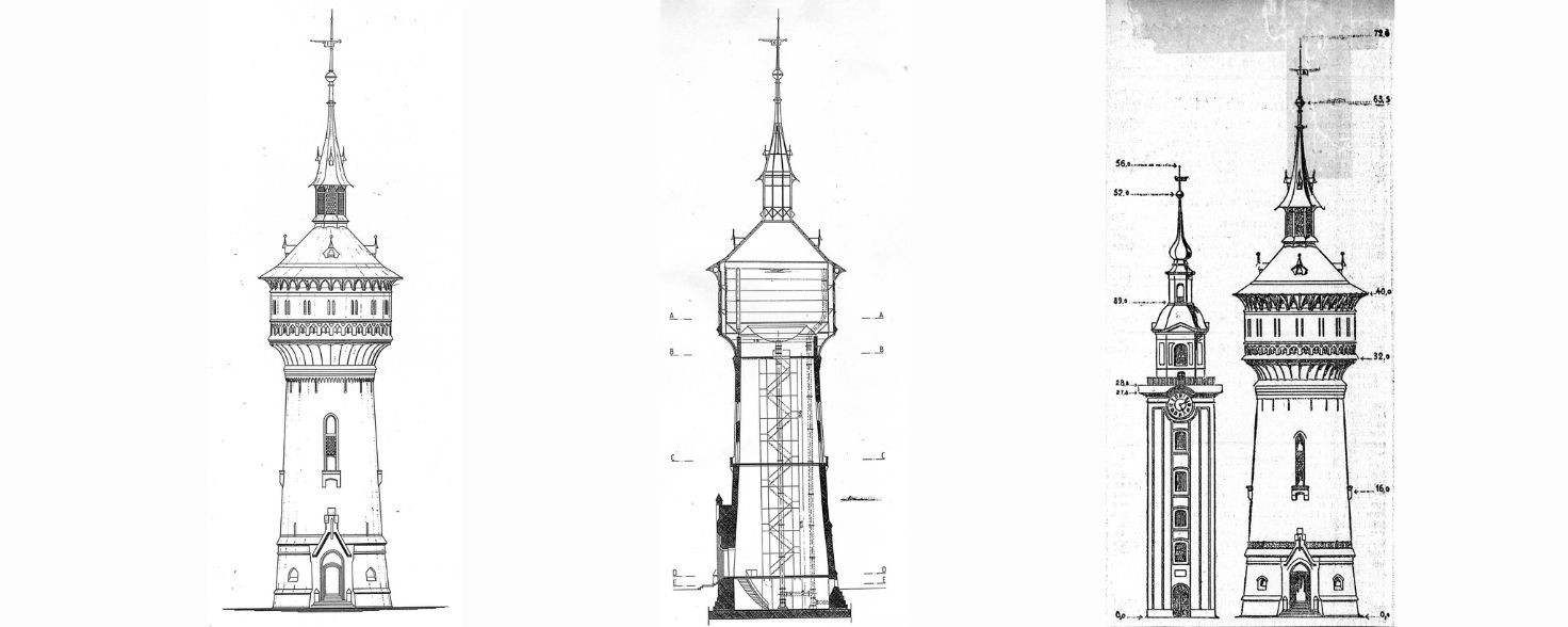 Stadtwerke Forst drei Skizzen des Wasserturms mit Querschnitt nebeneinander